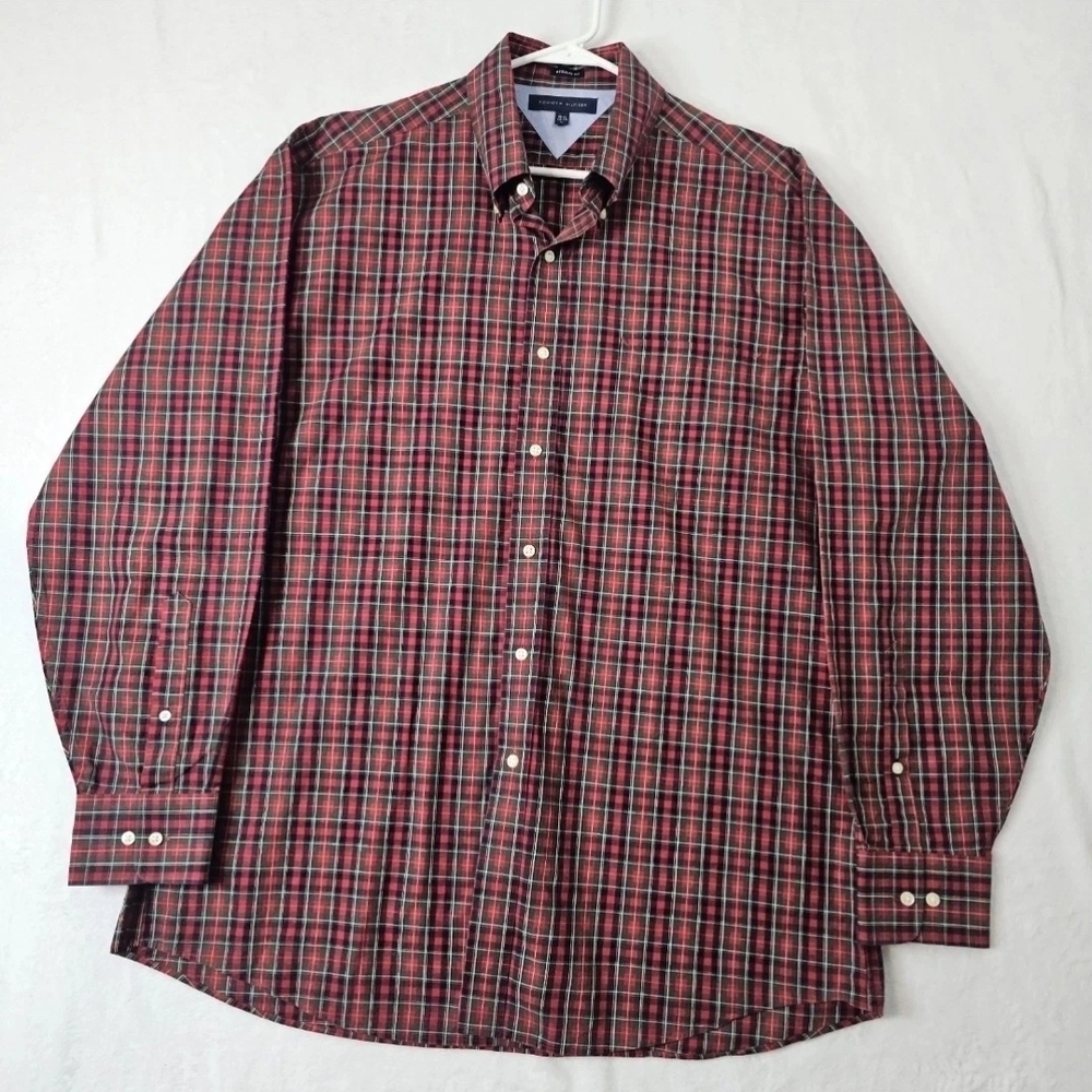 Tommy Hilfiger Shirt Mens Large 16 1/2 Red Plaid Button Down Long Sleeve Cotton